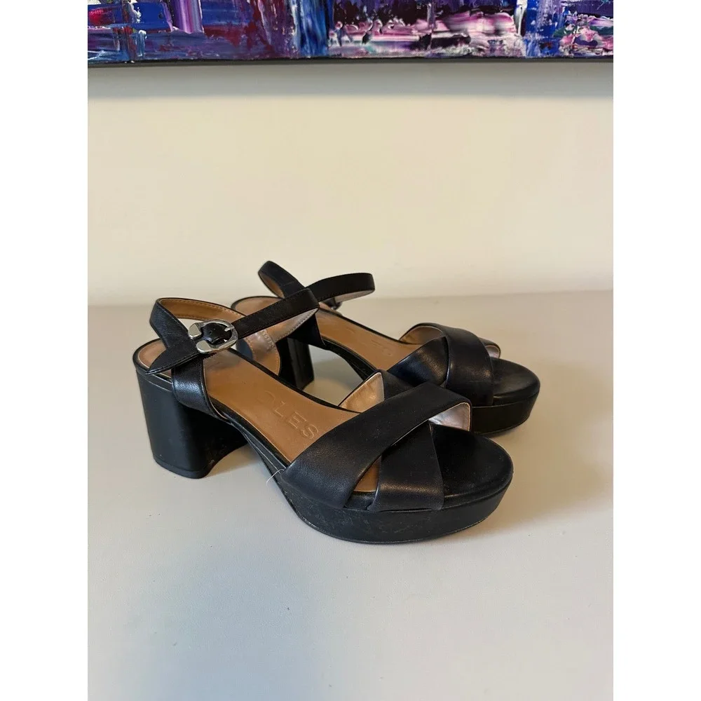 Aerosoles Black Platform Block Heel Sandals with Ankle Strap | Size 5.5
